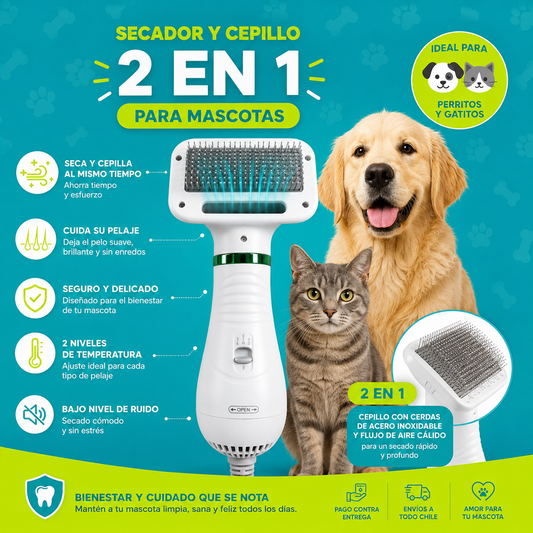 Secador y Cepillo 2 en 1 para Mascotas